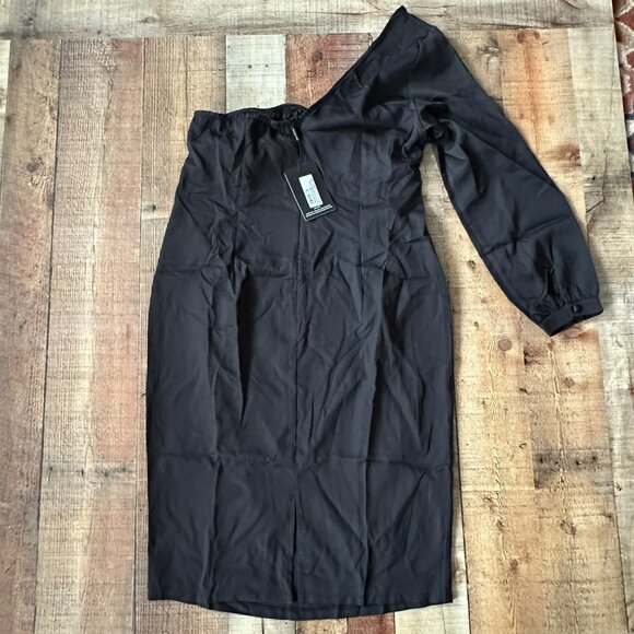 Plus Black Woven One Shoulder Midi Dress Size 16 PrettyLittleThing - Picture 9 of 9